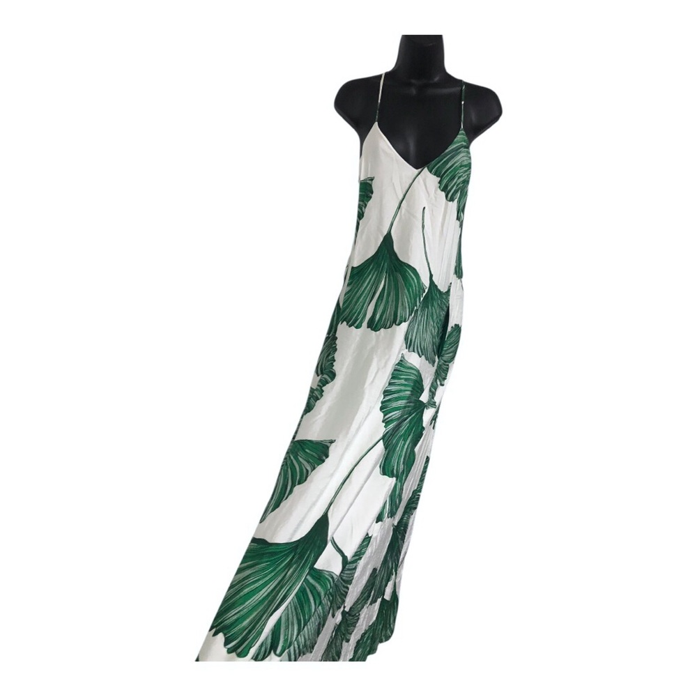 White oversized green water lilly leaves flowy‎ halter maxi dress size small new